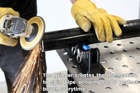 Worker using Magnetic Pipe Bevel Roller System For Welding And Fabrication - Smooth 360 Degree Pipe Rotation With Dual Rollers - Adjustable