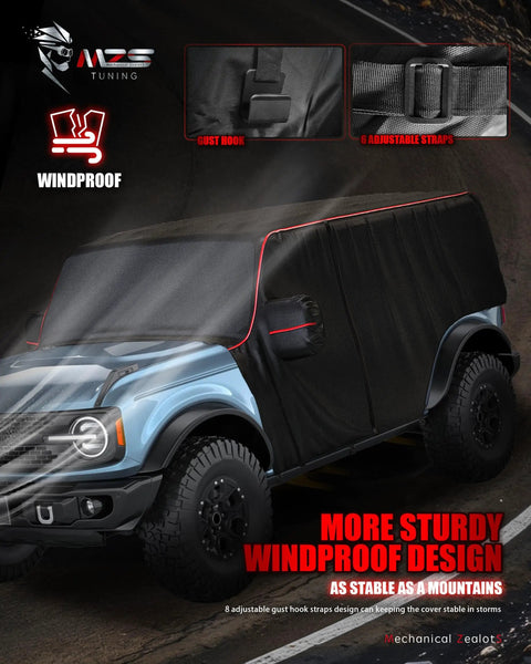 Bronco 4 Door Cab Cover 2021-2026, Heavy Duty 600D Waterproof Cab Protector With Driver Door Zipper in black on blue vehicle