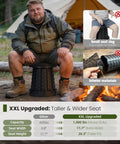 Man sitting on Upgraded XXL Collapsible Stool Portable Folding Chair With Safety Lock, 1000 Lb Capacity, camping by fire.