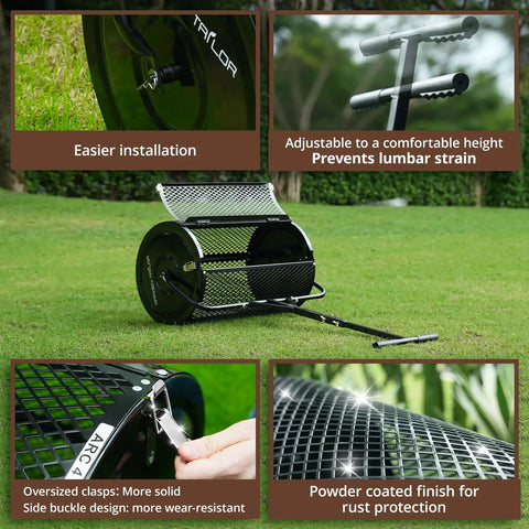24 Inch Compost Spreader for Lawns with Installation Support Accessories Metal Mesh Roller Spreader showcasing details and features