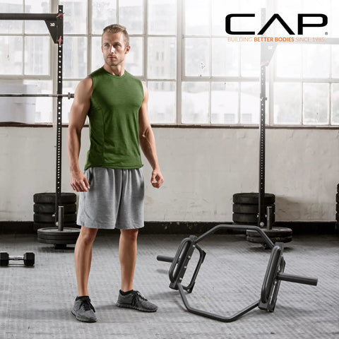 Olympic Trap Bar For Home Gym, 500 Lb Capacity, Alloy Steel, Black Finish, shown in gym setting with neutral grips.