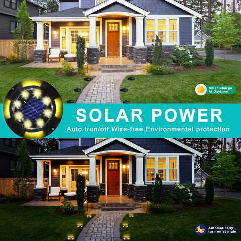 Solar Ground Lights Outdoor 12 Pack With 12 LED Disk Lights illuminate garden pathway with warm white glow by house
