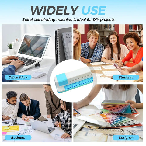 Collage showing office, student, business, and designer uses for 30 Hole Paper Punch For Discbound Notebooks And Journals