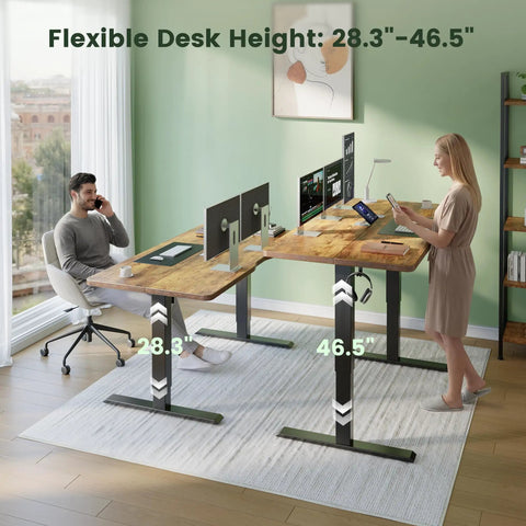 Rustic Brown 55 By 24 Inch Electric Standing Desk in sit-stand setup, smooth height adjustment, memory presets displayed.