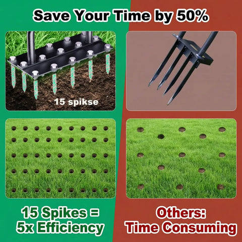 Diagram comparing efficiency of 15 Thick Spikes Lawn Aerator Tool With Weldless U Shaped Handle to traditional tools