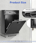 Built Tough Steel Outdoor Mailbox With Combination Lock Wall Mount Security Drop Box For Mail And Packages Rust Resistant Large 16.2 Inch High 11.2 Inch Long 4.6 Inch Wide Black with open door showing size dimensions.