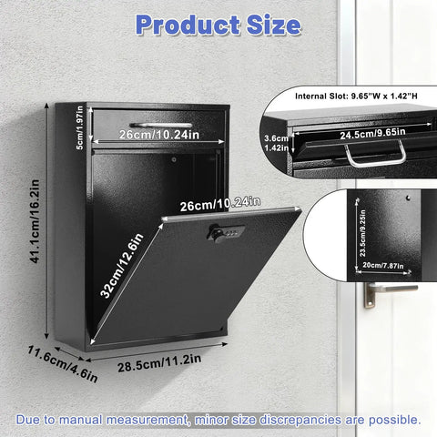 Built Tough Steel Outdoor Mailbox With Combination Lock Wall Mount Security Drop Box For Mail And Packages Rust Resistant Large 16.2 Inch High 11.2 Inch Long 4.6 Inch Wide Black with open door showing size dimensions.