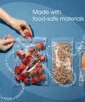 1000 Count 7x10 Inch Clear Reclosable Zip Bags With Airtight Seal, 2 Mil Poly Bags Made From Virgin LDPE For Total Water Resistance, Storage, Packaging, And Merch Protection. Clear food storage bags with strawberries, pasta, and bread.
