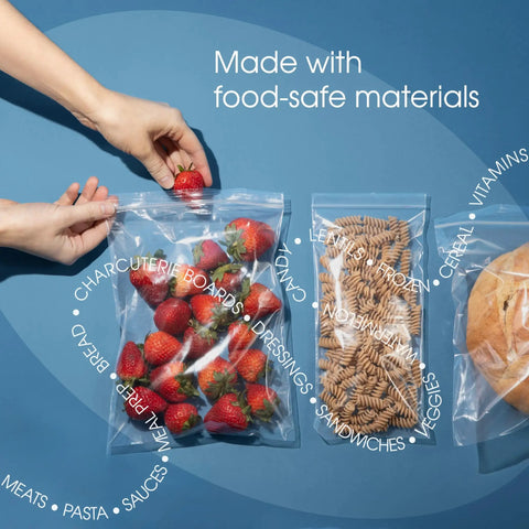 1000 Count 7x10 Inch Clear Reclosable Zip Bags With Airtight Seal, 2 Mil Poly Bags Made From Virgin LDPE For Total Water Resistance, Storage, Packaging, And Merch Protection. Clear food storage bags with strawberries, pasta, and bread.