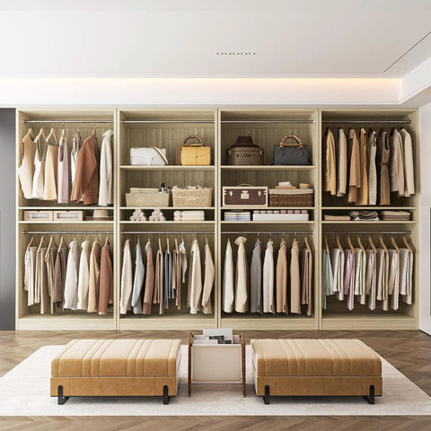 Built Different 12 Foot Modular Closet System With 8 Hanging Rods, Heavy Duty 4 Piece Wood Wardrobe Organizer With 2800 Lbs Capacity, White Oak Finish Wall To Wall Storage Shelves For Walk In Closets
