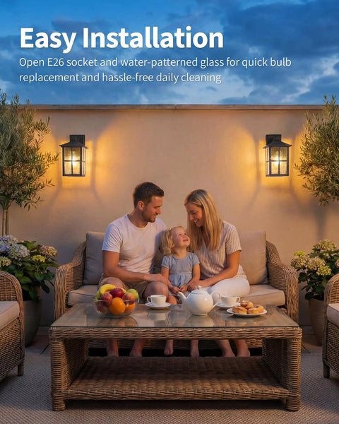 Family enjoying outdoor seating under Black Outdoor Wall Lights Set Waterproof Patio Sconces Crafted From Rust Resistant Die Cast Metal And Tempered Wave Glass Ideal For Backyards And Entryways Sleek Modern Build That Braces Against Snow And Rain Hella Tough Construction Set Of Two.