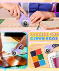 Rotary Cutter for Fabric with 45mm Blades in use on fabric and leather, highlighting precise cuts and clean edges.