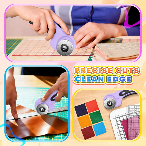 Rotary Cutter for Fabric with 45mm Blades in use on fabric and leather, highlighting precise cuts and clean edges.