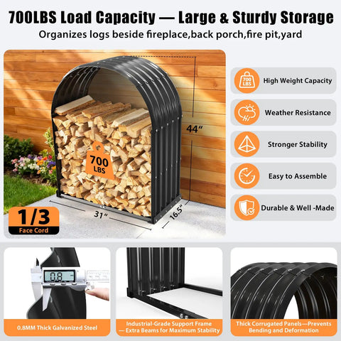 Heavy Duty Firewood Rack With Top Cover For Indoor Outdoor Use, 700 Lbs Capacity, Waterproof Galvanized Steel Log Holder