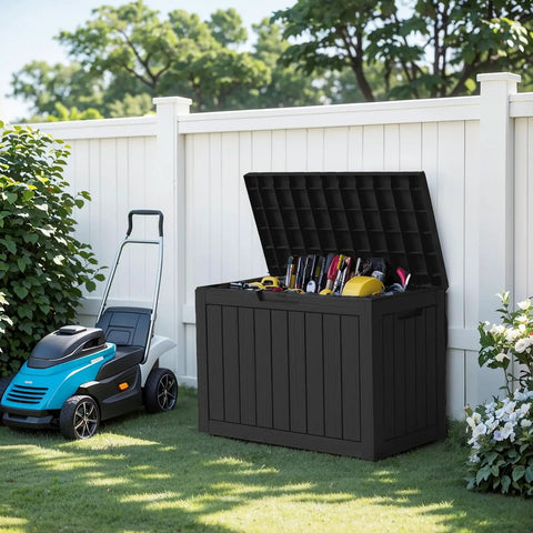 Heavy Duty 50 Gallon Outdoor Storage Box With Lockable Waterproof Seal Tough Deck Box as patio bench with tools inside