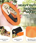 Close-up of the sturdy ratchet buckle and orange webbing of 20 Ninja Tree Climbing Holds Kit with 6 Ratchet Straps