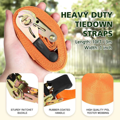 Close-up of the sturdy ratchet buckle and orange webbing of 20 Ninja Tree Climbing Holds Kit with 6 Ratchet Straps