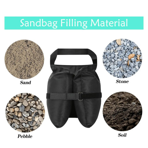 Set of Four Canopy Weights Sand Bags, Heavy Duty 420D Oxford Tent Weights with different filling materials background.