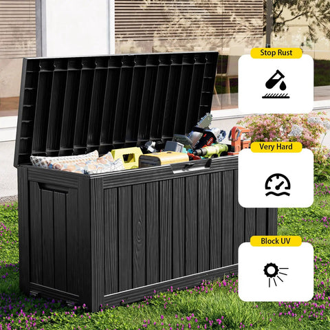 Outdoor Resin Storage Deck Box Lockable And UV Resistant 85 Gallon Bin for patio storing garden tools and pool floats