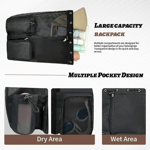 Must Have Beach Backpack With Wet Pocket And Waterproof Zipper Drawstring Mesh Bag showing large capacity and multiple pockets