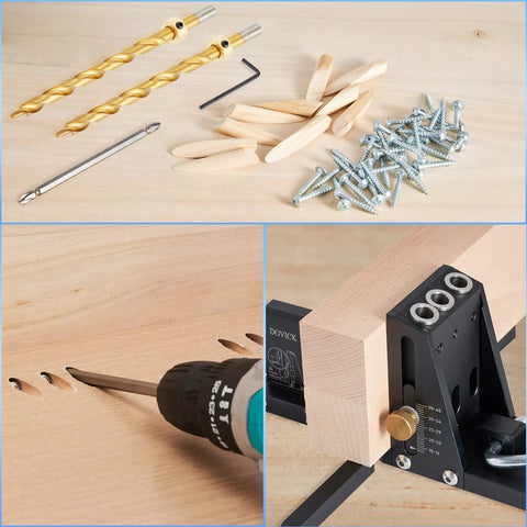 Pocket Hole Jig Kit Second Generation Upgrade with drilling bits, dowels, screws, and adjustable depth gray steel jig in woodworking use.