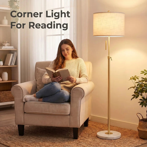 Gold Floor Lamp For Living Room 55-67 Inch Tall Height Adjustable Modern Standing Lamp With 3-Way Dimming Space Saving Marble Base