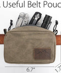 Heavy Duty Waxed Canvas Belt Pouch With YKK Zippers For Men And Women filled with tools, leather strap visible