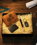 Engineer Gadget Gift Set For Men with Retro Brown Wallet, 6 In 1 Multi Tool Pen, Vintage Keychain, and 11 In 1 Credit Card Multitool Box
