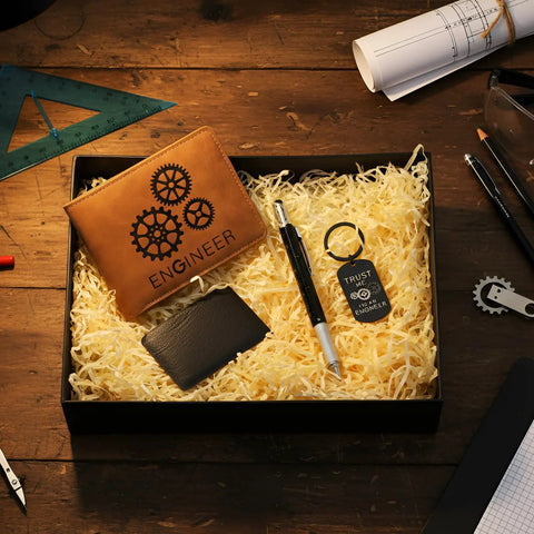 Engineer Gadget Gift Set For Men with Retro Brown Wallet, 6 In 1 Multi Tool Pen, Vintage Keychain, and 11 In 1 Credit Card Multitool Box