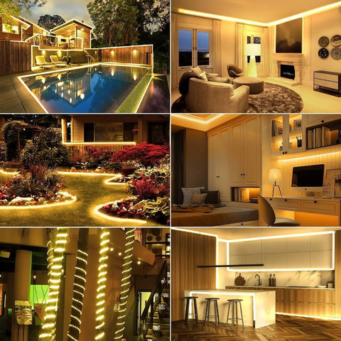 Lit 120 Led Rope Lights 40ft Plug In Outdoor String Light Set With 16 Color Changing Modes Waterproof IP68 Remote Timer Twinkle And Party Lights illuminating a backyard pool, modern living room and garden.