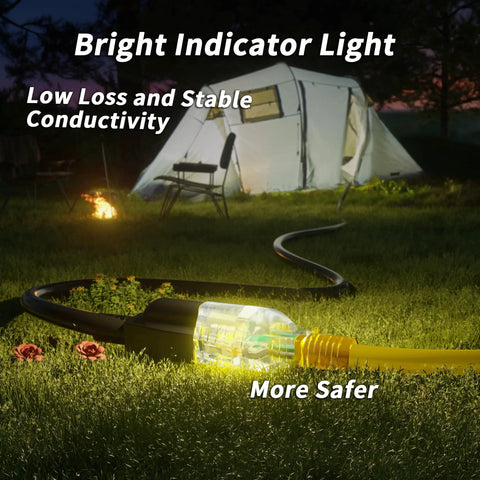 Beefy 50 Foot 10 Gauge Outdoor Extension Cord With Lighted Indicator Waterproof Heavy Duty 15 Amp 1875 Watt 3 Prong NEMA 5-15P 5-15R SJTW Yellow ETL Listed in garden at night