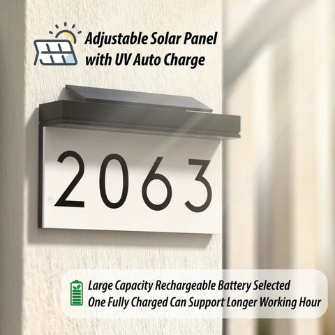 Solar Powered LED Address Sign With Three Color Lighting Personalized House Number Plaque For Outdoor Use Adjustable Solar Panel Waterproof Outdoor Address Sign With Easy Night Visibility mounted showing number 2063