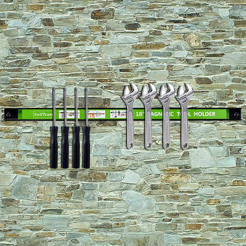 Heavy Duty Magnetic Tool Holder Kit 8 Pack 18 Inch Tool Bars With Mounting Brackets And S Hooks Wall Mount Strip Rack Carbon Steel Built Tough Pro Grade Hold 50 Lb Per Bar Holds Wrenches Screwdrivers Spanners Green holding tools on stone wall