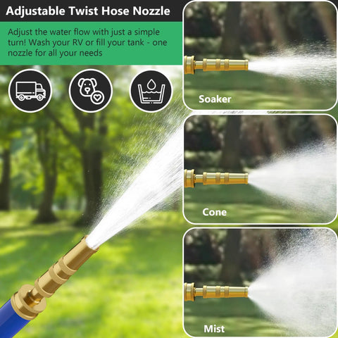 Adjustable twist hose nozzle showing soaker, cone, and mist settings for All In One Fresh Water Kit For RVs With Pressure Regulator