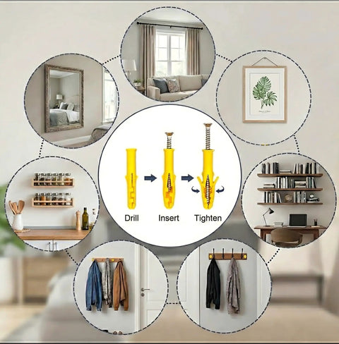 Installation steps for 200 Piece Drywall Anchors And Screws Set Ten Sizes Heavy Duty Plastic Wall Anchors And Carbon Steel Screws.