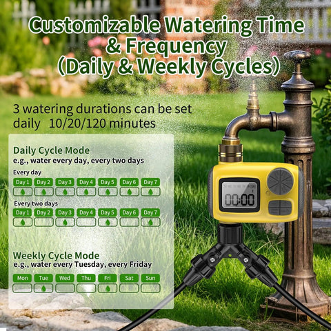 Irrigation timer setup for 165Ft Drip Irrigation Kit With Timer, No Fuss Auto Garden Watering System, showing modes and schedule