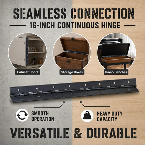 16 Inch Continuous Piano Hinge Heavy Duty Black Steel Hinges For Cabinets Doors Boxes Furniture 4 Pack displayed with cabinet doors and storage boxes.