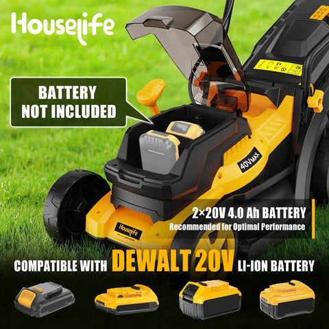 40V Cordless Lawn Mower That Plays Nice With 2x20V MAX Batteries, 14 Inch Cut, battery compartment open on lawn