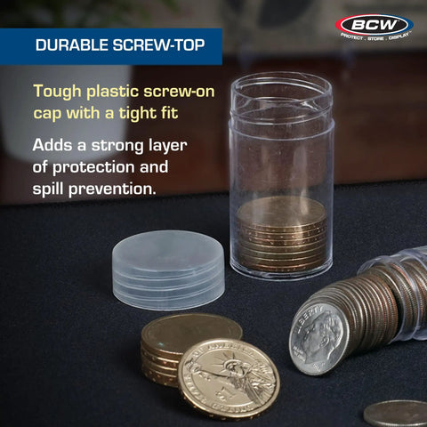 Coin Storage Tubes For 40 Quarters, Archival Quality Plastic Holders With Screw On Caps, 100 Pack For Long Term, Airtight