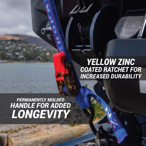 Close-up of Heavy Duty Ratchet Boat Straps Pack Of 2 With 2400 Lb Break Strength attached to a boat, showcasing yellow zinc ratchet and blue strap.