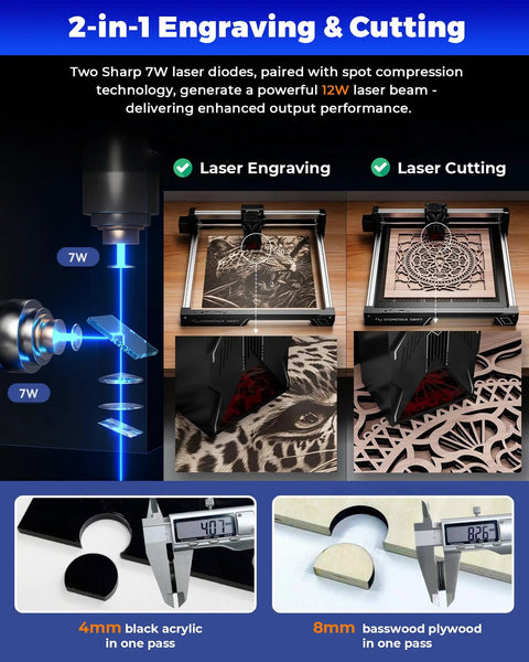 Swift 12W Laser Engraver For Beginners, Class 4 Laser Cutter, 300x300mm Working Area, close-up of 2-in-1 engraving and cutting