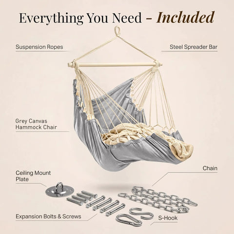 Chill Out In A Cozy Full Body Hammock Chair With Foot Rest For Indoor Outdoor Relaxation, includes hardware and accessories.