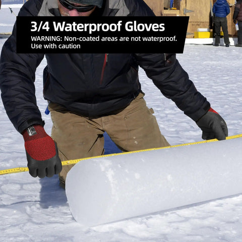 Person using Three Pairs Winter Work Gloves With Three Quarters Double Dipped Coating in snowy scene, wearing jacket and pants, holding ice.