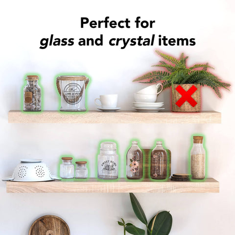 Decorative items secured on shelves with Clear Museum Gel Adhesive For Securing Collectibles And Decor Removable And Reusable Non Toxic Formula 4 Oz Container Keeps Your Stuff From Falling Off Shelves During Quakes Not For Wall Hanging Or Posters