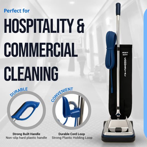Heavy Duty 12 Inch Commercial Vacuum Cleaner With Shake Out Bag For Carpets And Hard Floors Features Lightweight Chrome Hood And Auto Height Adjustment High Speed Brush Roll That Slams Dirt Like A Boss Perfect For Busy Shops And Offices