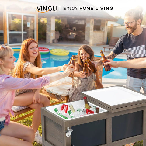 80 Qt Rolling Patio Cooler With Bottle Opener And Shelf For Backyard Hangouts And Gatherings by poolside, Taupe Brown finish