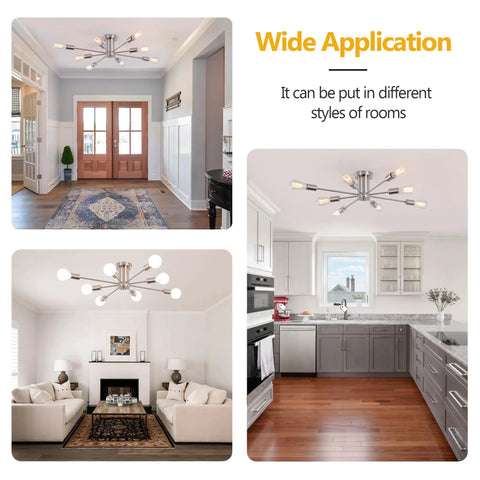 8 Light Sputnik Ceiling Chandelier In Brushed Nickel Silver, installed in various rooms including foyer, living room, kitchen.