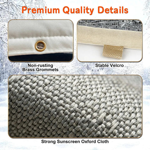 Close-up details of Backflow Preventer Cover With 5F Freeze Protection, showing brass grommets, Velcro, and Oxford cloth texture.