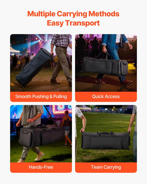 Rock Solid Drum Hardware Rolling Bag With Smooth Gliding Wheels And Extra Thick Padding For Snare Cymbal Stands And Kick Drum Pedals in various carrying methods.