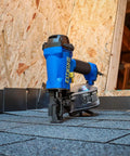 Workhorse Pneumatic 15 Degree Coil Roofing Nailer With One Quarter Inch NPT Swivel Fitting and Bag on shingle roof